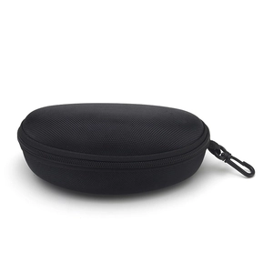 Portable large black hard shell sunglasses case with durable mesh texture and hanging hook