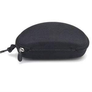 Detail of durable black EVA sunglasses case with smooth zipper and portable plastic hook