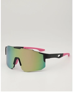 Macro detail of colorful mirrored sports sunglasses with pink anti-slip temples