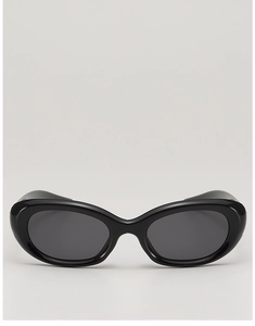 Detailed close-up of glossy black cat-eye sunglasses with UV protection lenses