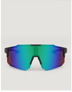 Detail of colorful mirrored lens and matte black frame on outdoor cycling sunglasses