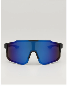 Macro detail of high-reflection deep blue sports lenses and streamlined black frame