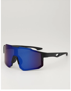 Detail of matte black cycling glasses with blue aerodynamic temples and large lens