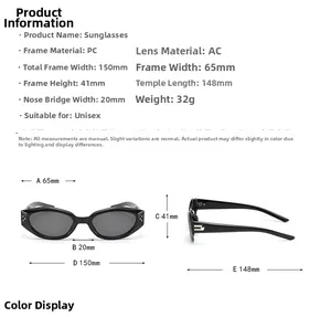 Detailed size specifications for cat-eye sunglasses with 150mm frame width and 32g weight