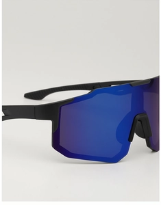 Detail of matte black frame and blue mirrored lenses on large outdoor sports sunglasses
