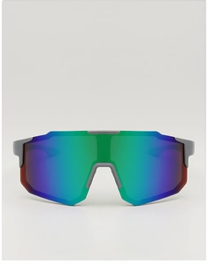Close-up of matte grey sports sunglasses with blue-purple gradient mirrored lenses