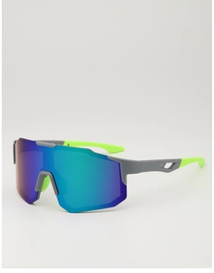 Close-up of cycling sunglasses with colorful mirrored lenses and neon green rubber temple tips