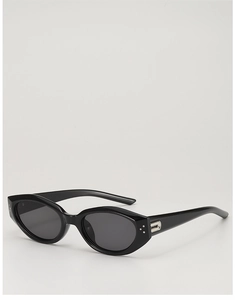 Detail view of cat eye sunglasses featuring silver rivets and metal side hinge accents