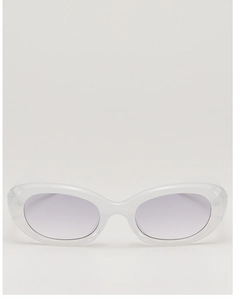 Front view of oval cat-eye sunglasses with transparent frame and lavender purple lenses