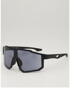 Detail of matte black sports sunglasses with breathable anti-slip temples and large lens