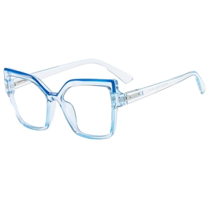 Blue geometric cat-eye anti-blue light glasses with two-tone transparent frames