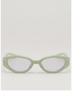 Detailed front view of light green cat-eye sunglasses with three-point metal rivet accents