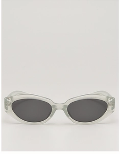 Detailed front view of transparent cat-eye sunglasses with dark grey UV400 lenses