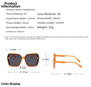 Detailed size specifications for orange kids square frame sunglasses with PC AC material