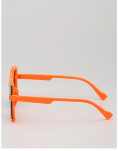 Detail view of stylish orange kids square sunglasses with geometric temple embossing