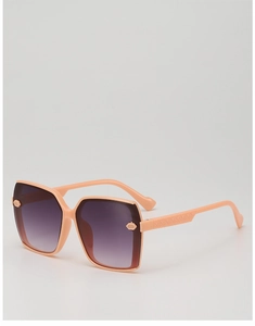 Detail of square peach sunglasses with gradient lenses and textured diamond pattern temples