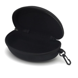 Portable black hard shell sunglasses case with secure zipper and plastic hanging hook