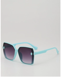 Detail of square children's sunglasses with mint green frame and purple gradient lenses