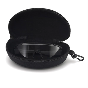 Portable black zippered sunglasses case with hook and black sports protective goggles