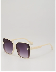 Detail of cream square sunglasses featuring gradient purple lenses and cannage texture temples