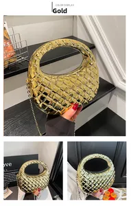 Close-up of golden woven texture evening bag with circular handle and metal chain