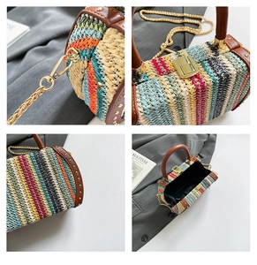 Detail of colorful woven straw bag with gold rivets, metal buckle and chain strap