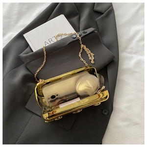 Innenansicht der goldenen Abendtasche mit Kette, Platz für Handy und Kosmetikartikel