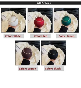 Spherical evening bag in five colors with round golden metal handles and chain straps