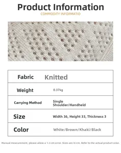 Macro shot of knitted tote bag texture and a size chart for women's large shoulder bag