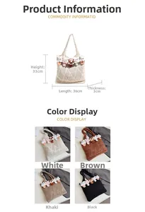 Detailed view of knitted tote bag with cartoon plush charms and large capacity size specs