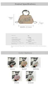 Size chart for rhinestone evening clutch showing 21.5cm width and PU fabric details