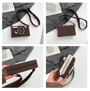 Vues détaillées du sac bandoulière vintage en forme d'appareil photo en daim marron chic