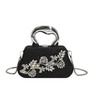 Elegant black glitter evening clutch bag with crystal flower and wavy metal handle