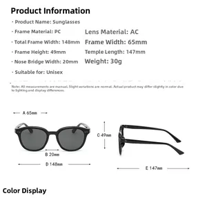 Detailed measurement guide for small frame UV protection sunglasses showing frame dimensions