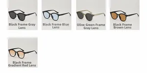 Multiple views of round acetate sunglasses in black, green and various lens colors