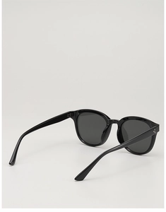 Close-up of black glossy sunglasses frame featuring classic three-point metal hinges