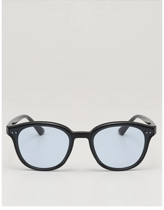 Front view of small frame sunglasses with black thick frames and light blue lenses