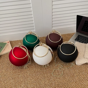 Minimalist spherical evening handbag with gold ring handle and chain strap in five colors