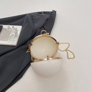Elegant pearl white spherical evening clutch with gold metal frame and chain strap
