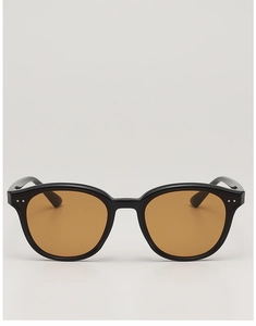Close-up of retro black frame sunglasses with brown lenses and silver rivet details
