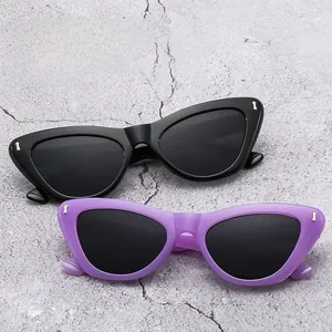 Close-up of purple and black cat eye sunglasses with silver metallic corner accents