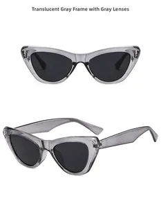 Detailed view of cat-eye sunglasses with transparent gray frames and dark gray lenses