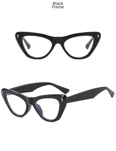Detailed view of black cat-eye eyeglass frame with metallic studs and clear lenses
