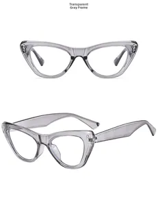 Detail view of transparent grey cat eye sunglasses with anti-UV lenses and sleek frame