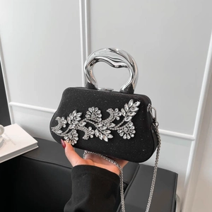 Elegant black evening clutch bag with sparkling crystal flower embroidery and silver handle