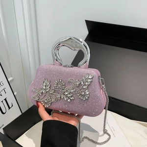 Lilac glitter evening clutch bag with rhinestone flower and silver metal handle