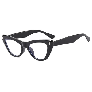 Classic black cat-eye sunglasses with silver metal rivets and clear blue light lenses