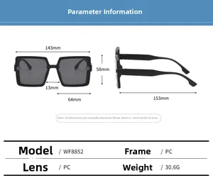Detailed size specifications for square frame sunglasses with gold-tone G temple detail