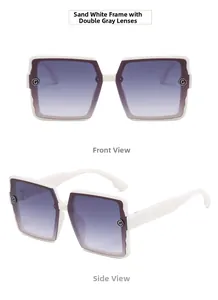 Macro detail of matte white square sunglasses with gradient lenses and metal G logo