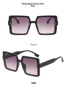 Detail of matte black square sunglasses with gradient pink lenses and G-logo temple